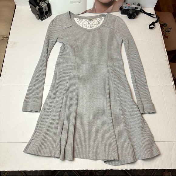 Eloise Dresses & Skirts - Eloise Gray Waffle Knit Fit & Flare Dress Lace Back Size Small Cottagecore